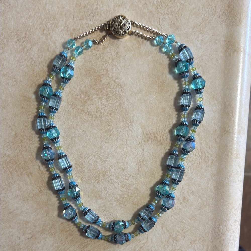 Elegant Blue and Gold Beaded Necklace Vintage